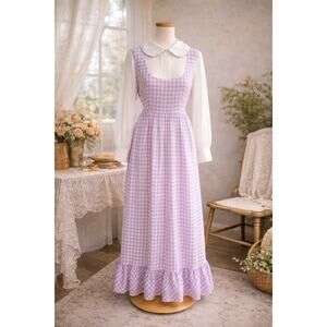 70s Prairie Maxi Dress Gingham, Cottagecore Vintage, Romantic Modest Maxi Size L